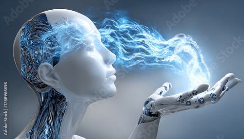 Digital soul concept shown with robot cradling holographic human essence