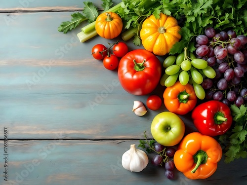 A variety of fresh vegetables and fruits arranged on a table. Includes green beans, celery, garlic, tomatoes, pumpkin, grapes, apples, and peppers. Perfect for healthy lifestyle, organic food, and coo