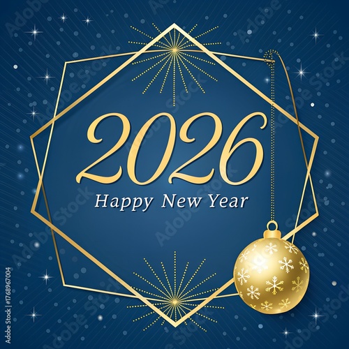 Elegant 2026 Happy New Year Greeting with Gold Ornament on Blue Starry Background
