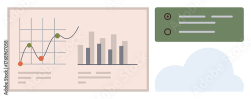 Line and bar charts with data labels on a board, accompanied by additional data block and abstract cloud shape. Ideal for business, finance, analysis, technology, cloud computing, presentations
