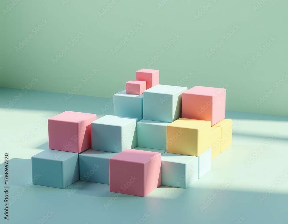 Fototapeta premium Layered pastel cubes arranged on a smooth surface with soft green background, creating a modern geometric composition with depth, symmetry, and gentle lighting.