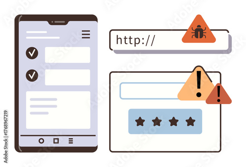 Smartphone interface with checkmarks, web browser with error alerts, and risky credentials. Ideal for cybersecurity, data protection, online safety, hacking prevention, user threats, software issues