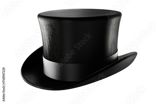Black silk top hat with silver band isolated on a transparent background