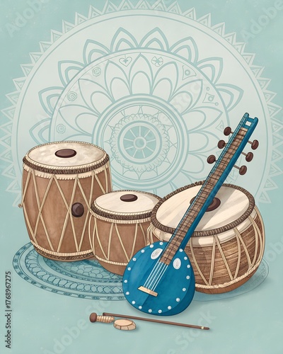 Traditional Indian Musical Instruments Illustration with Tabla and Sitar
