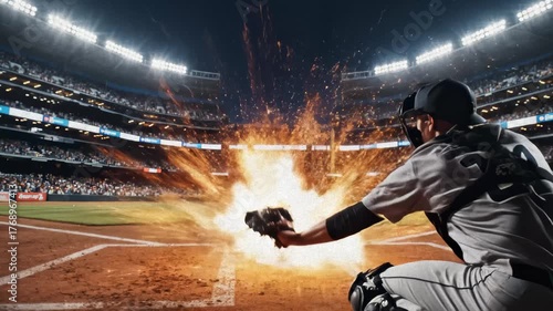 Wallpaper Mural Baseball Player Hitting Ball at Stadium With Explosion and Fireworks Torontodigital.ca