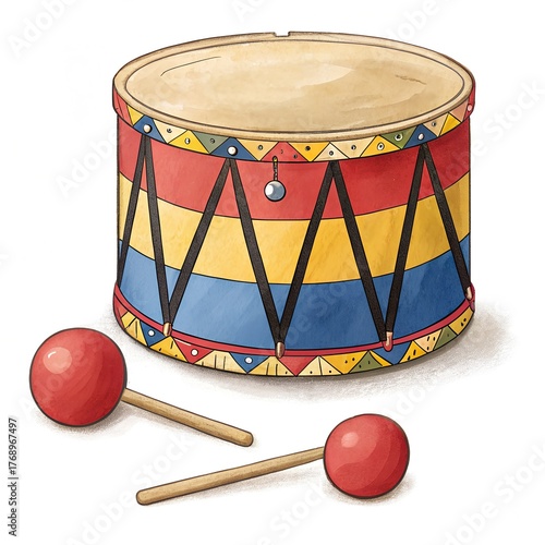 Watercolor Illustration of Colorful Traditional Drum with Drumsticks
