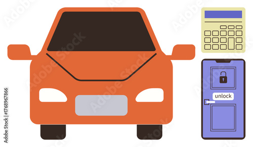 Orange car beside a keypad and locked door illustrating security, safety, and technology. Ideal for car security, smart systems, access control, innovation, privacy, automation simple flat metaphor