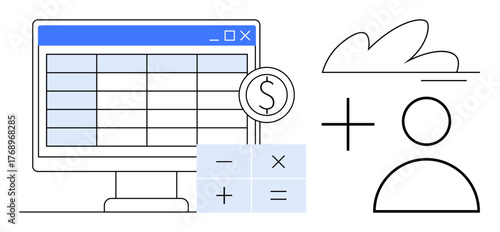 Digital spreadsheet on computer screen, dollar sign icon, cloud, profile outline, and calculator symbols. Ideal for budget planning, data analytics, online tools, cloud computing savings user