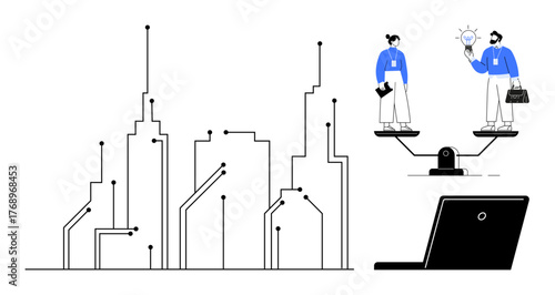 Abstract city skyline with digital circuits, two professionals balancing on a scale holding ideas and technology, and a laptop. Ideal for innovation, smart cities, teamwork, balance, decision-making