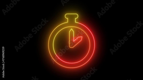 Neon stopwatch icon with orange and red glow on black
