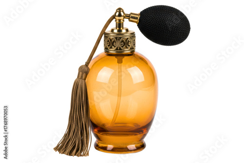 Vintage amber glass perfume bottle with bulb sprayer and tassel isolated on a transparent background