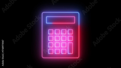 Neon calculator icon with pink and blue glow on black
