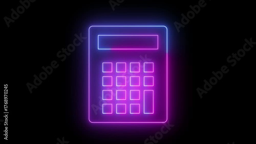 Neon Calculator Icon Glowing on Black Background digital