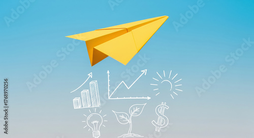 Wallpaper Mural Yellow paper airplane flying above business icons including bar chart arrow sun dollar sign light bulb and plant symbolizing growth innovation and financial success Torontodigital.ca