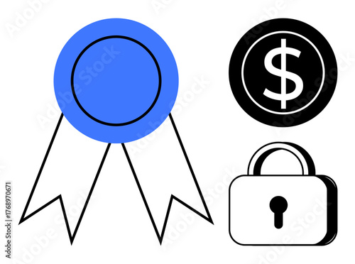 Blue ribbon with white streamers, dollar sign in black circle, black lock icon. Ideal for reward, security, finance, certification, success trust online protection concepts. Simple flat metaphor