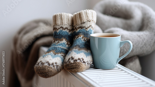 Knitted socks on radiator, blurred tea mug and blanket behind, warm cozy light