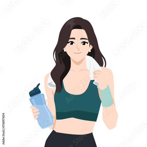 Young woman in workout clothes holding a water bottle and towel after exercising. Flat Vector character illustration