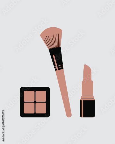 Minimalist flat icons set of makeup essentials pink brush lipstick and eyeshadow palette