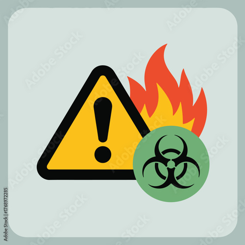 Hazardous fire warning sign with biohazard symbol safety alert cautionary icons