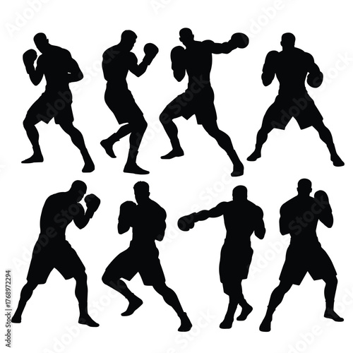 Silhouettes of boxers in various poses	