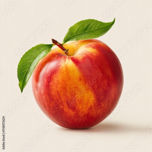 a peach with leaves isolated on white background