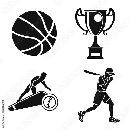 Sports icons with baseball, basketball, trophy and player
