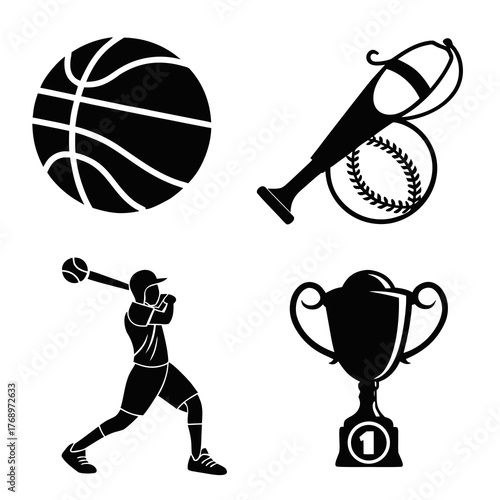 Sports icons with baseball, basketball, trophy and player