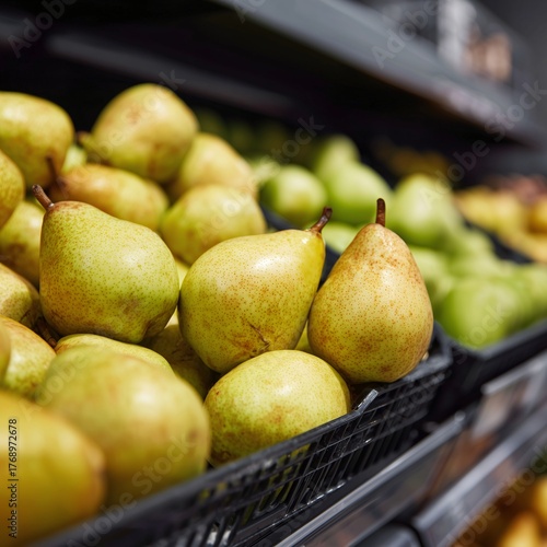 pears in a market stall