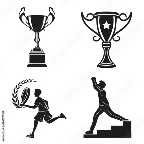 Silhouette illustration of people winning trophies and achieving goals