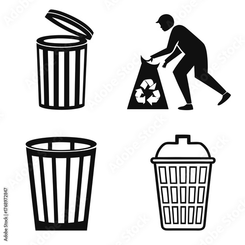 Four different black and white trash can icons