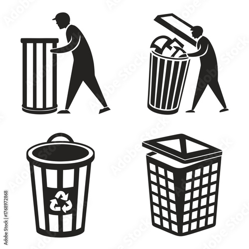 Set of garbage cans and people throwing trash