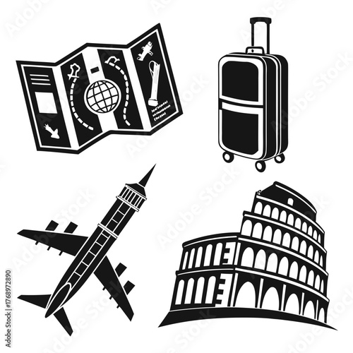 Travel icon set with suitcase, map, airplane, and coliseum