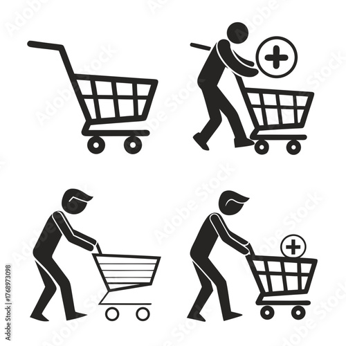 Shopping cart icons set, add to cart, remove from cart, shopping cart with person