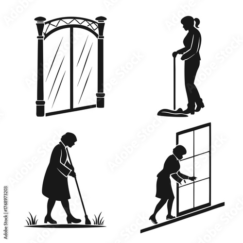 Silhouettes of women doing housework vector illustration