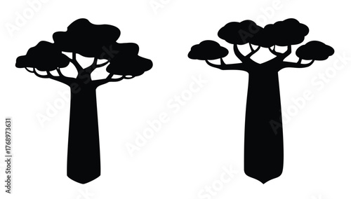 Two african baobab tree silhouettes, desert nature and safari travel illustration icons
