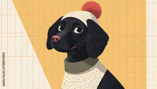 Playful Black Dog in Winter Hat and Sweater Against Bright Geometric Background