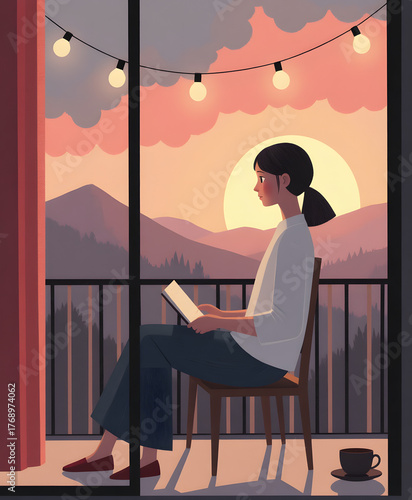 Serene Evening Reading on a Balcony with Soft Sunset and Mountains in Background