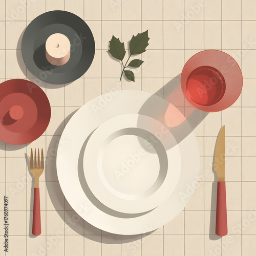 Elegant Table Setting with Decorative Plates and Candles on Light Checkered Background