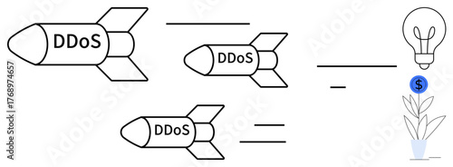Missiles labeled DDoS heading toward a light bulb and a money plant. Ideal for concepts thumbs up cyberattack, technology, innovation, finance, digital defense, online threats, and risk management
