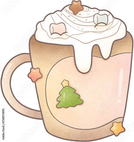 a cup of hot chocolate with milk foam, marshmallows and cookies.