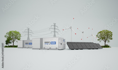 Alternative energy concept with group of energy storage systems or battery container units with various sources of energy