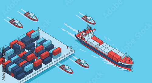Container ship and cargo port illustration for global logistics editable vector