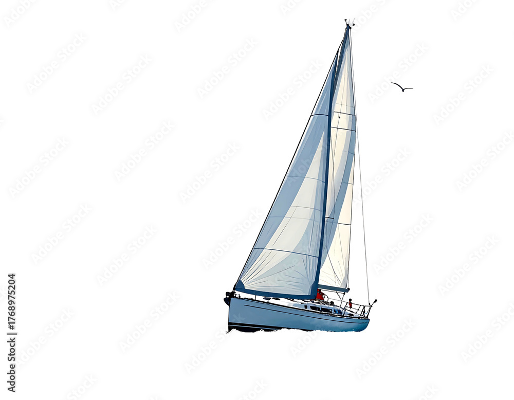 Fototapeta premium Sailing boat is on the water with open sails, against a black backdrop with a seabird soaring above it