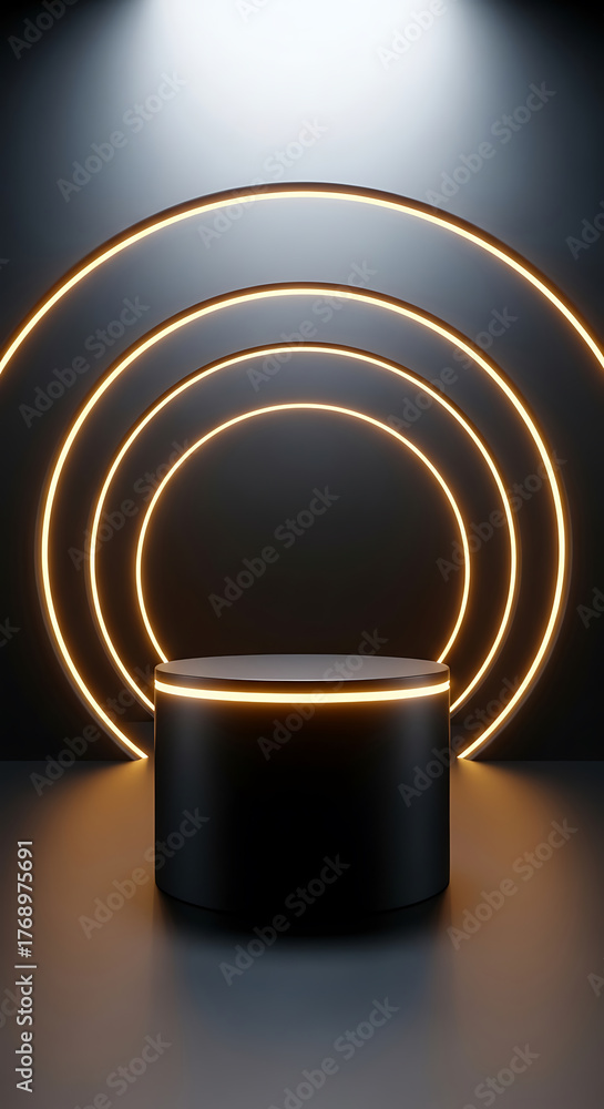 Obraz premium Dark cylindrical platform with glowing orange neon rings in a circular arrangement