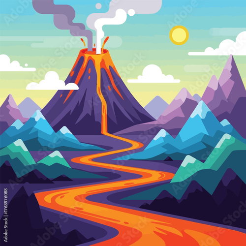 Flat-design fantasy landscape illustration with volcanoes and lava rivers, vibrant vector scenery, surreal adventure world, minimal modern digital art