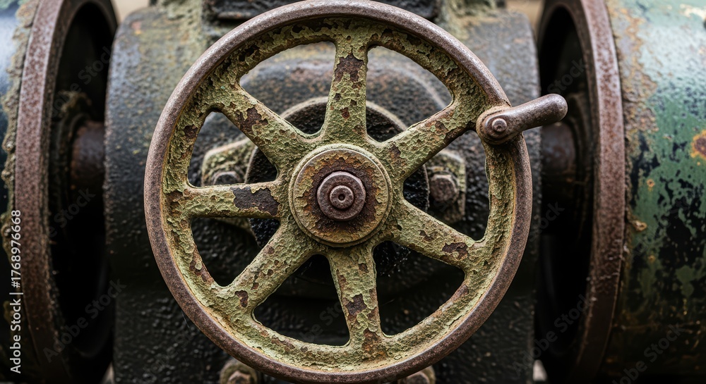 Obraz premium Rusty metal wheel on industrial machinery with weathered texture and patina