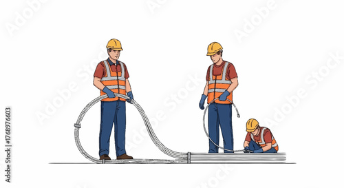 Three male construction workers in safety gear are operating hoses and managing materials on a job site.