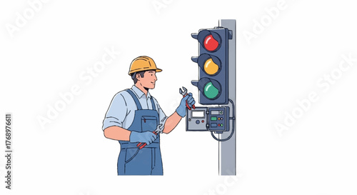 An electrician performs maintenance on an urban traffic light system, checking its control panel with tools.