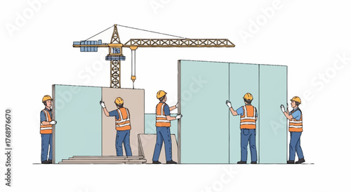 Construction workers assembling building panels under a crane, working on a project.
