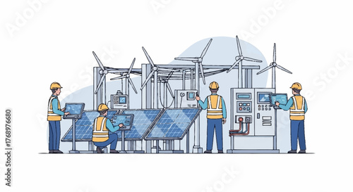 Illustration depicting engineers working on renewable energy sources, including solar panels and wind turbines.